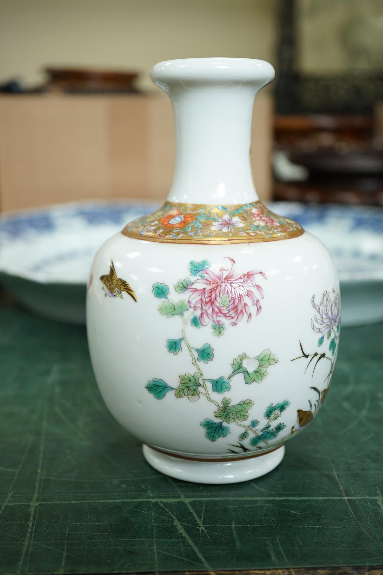 A Chinese inscribed famille rose ‘quail and chrysanthemum’ bottle vase, Hongxian four character mark but Republic period